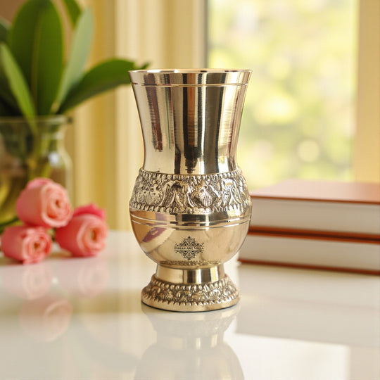 Pure brass glass tumbler embossed Mughlai goblet design 250 ML front view — Indian Art Villa