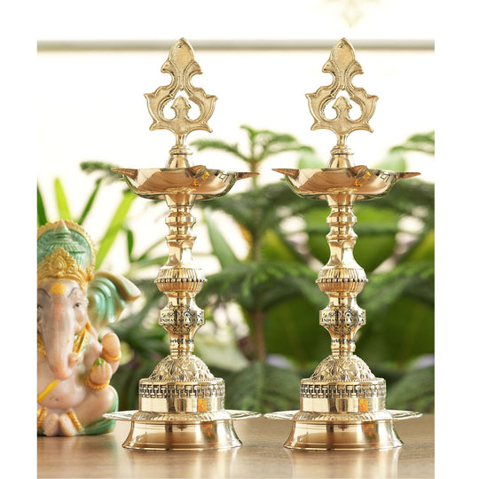 Brass Kerala Murga standing pillar Diya full view — Indian Art Villa