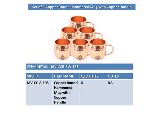 Copper hammered Moscow Mule mug set of 6 close-up copper handle detail — Indian Art Villa