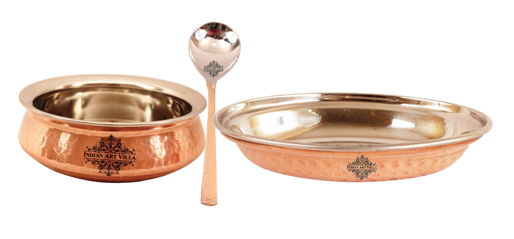 INDIAN ART VILLA Steel Copper Handi with Platter & Serving Spoon