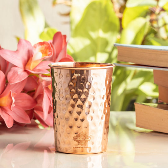 Pure copper diamond hammered shine finish luxury glass 275 ML front view — Indian Art Villa