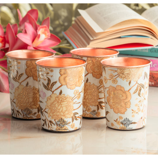 Indian Art Villa crafted this set of 4 copper glass for drinking water with rich design and cultural charm