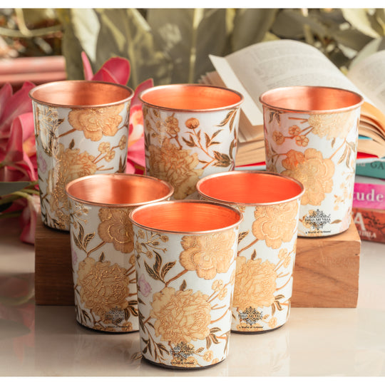 6-Pack Pure Copper Glasses with Gold Flower Print, perfect for gifting and home décor, from Indian Art Villa.