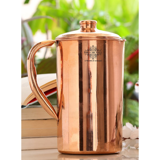Premium plain copper jug with lid – Indian Art Villa 1000ml sleek water pitcher, handcrafted and functional