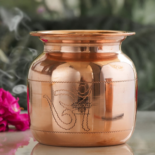 Pure copper Lota with Om design front view — Indian Art Villa