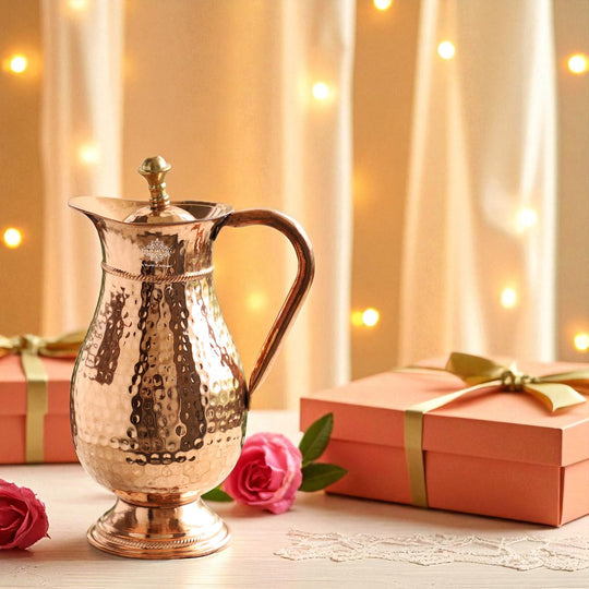 Pure Copper Antique Hammered Design Mughlai Jug with Lid
