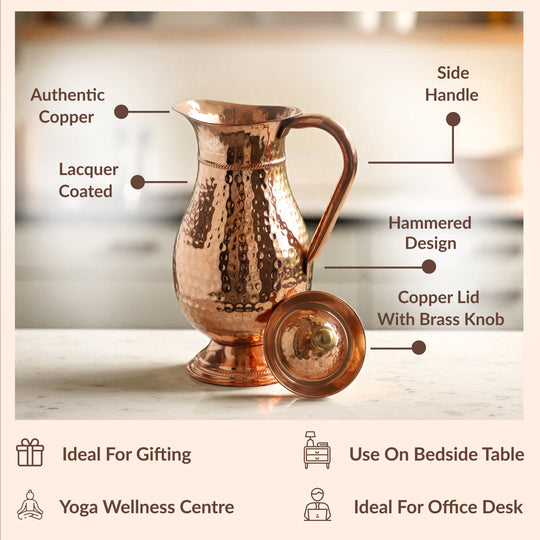 Pure Copper Antique Hammered Design Mughlai Jug with Lid