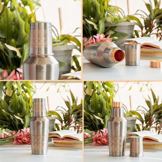 Antique Finish Half Embossed Copper Bottle with Inbullt Glass - 1350 ML