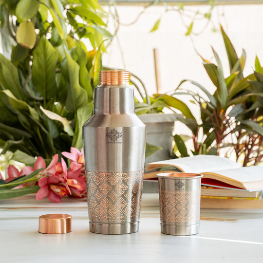 Antique Finish Half Embossed Copper Bottle with Inbullt Glass - 1350 ML