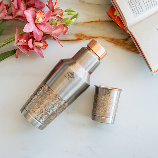 Antique Finish Half Embossed Copper Bottle with Inbullt Glass - 1350 ML