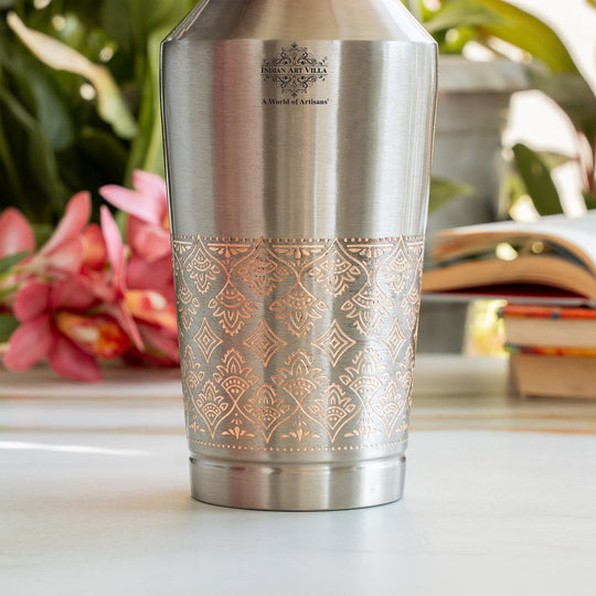 Antique Finish Half Embossed Copper Bottle with Inbullt Glass - 1350 ML