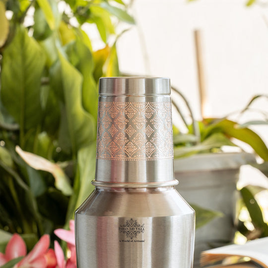 Antique Finish Half Embossed Copper Bottle with Inbullt Glass - 1350 ML