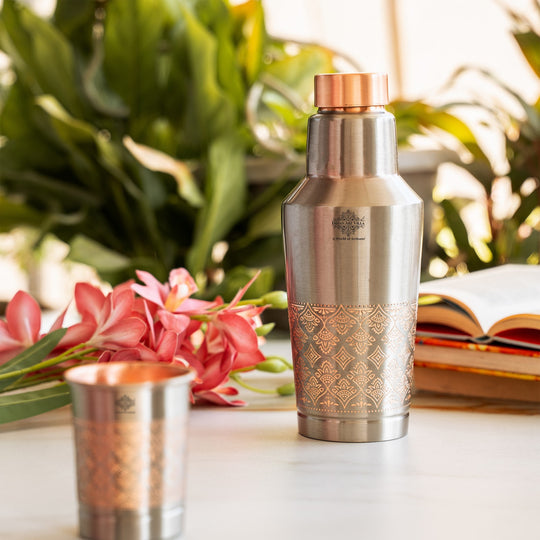 Antique Finish Half Embossed Copper Bottle with Inbullt Glass - 1350 ML