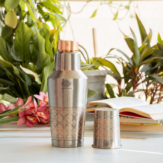 Antique Finish Half Embossed Copper Bottle with Inbullt Glass - 1350 ML