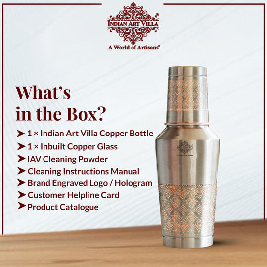 Antique Finish Half Embossed Copper Bottle with Inbullt Glass - 1350 ML