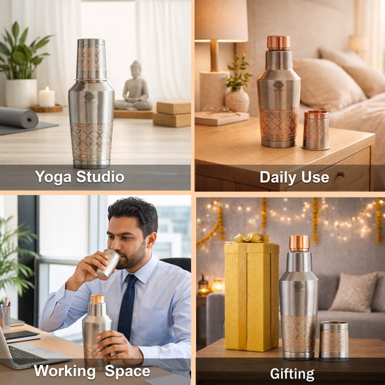 Antique Finish Half Embossed Copper Bottle with Inbullt Glass - 1350 ML