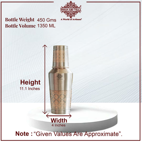 Antique Finish Half Embossed Copper Bottle with Inbullt Glass - 1350 ML