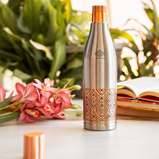 Half Embossed Copper Bottle with Lacquer Coated Finish With Nickel Plating