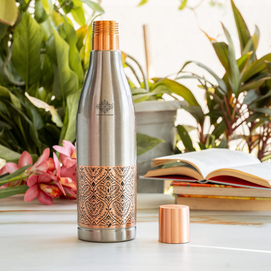 Half Embossed Copper Bottle with Lacquer Coated Finish With Nickel Plating