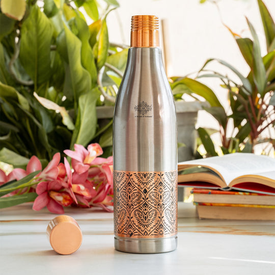 Half Embossed Copper Bottle with Lacquer Coated Finish With Nickel Plating