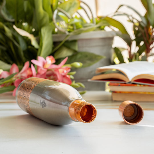 Half Embossed Copper Bottle with Lacquer Coated Finish With Nickel Plating