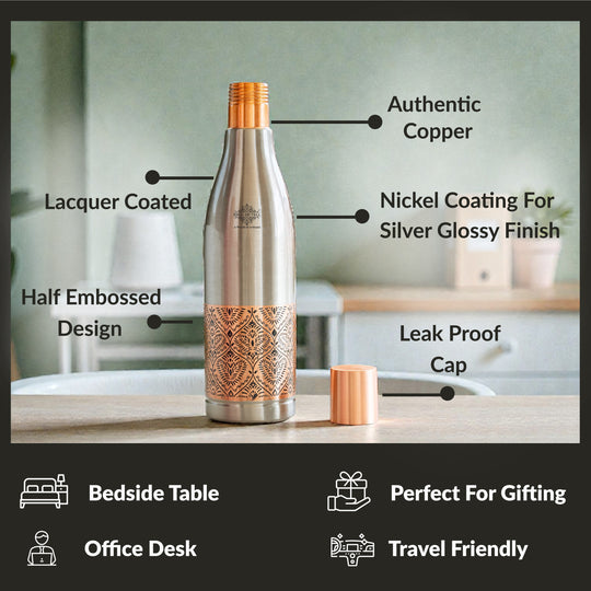 Half Embossed Copper Bottle with Lacquer Coated Finish With Nickel Plating