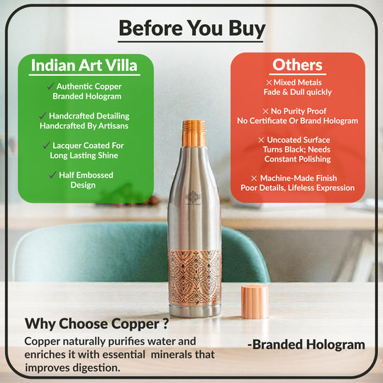 Half Embossed Copper Bottle with Lacquer Coated Finish With Nickel Plating