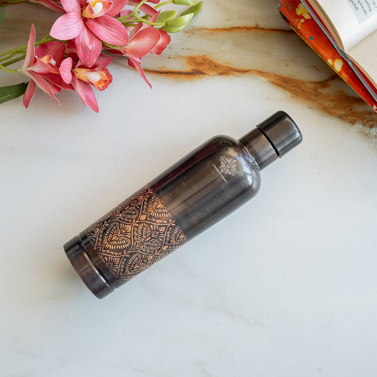 Pure Copper Bottle With Antique Finish Half Embossed- 750 ML