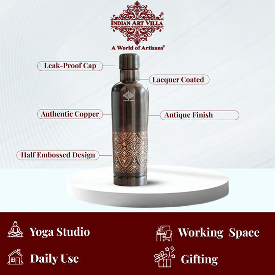 Pure Copper Bottle With Antique Finish Half Embossed- 750 ML
