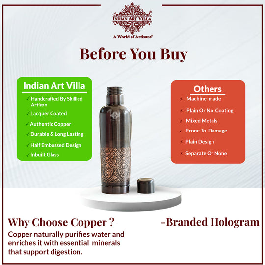 Pure Copper Bottle With Antique Finish Half Embossed- 750 ML