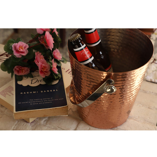 Copper Ice Bucket With Tin Lining Inside & Hammered Design
