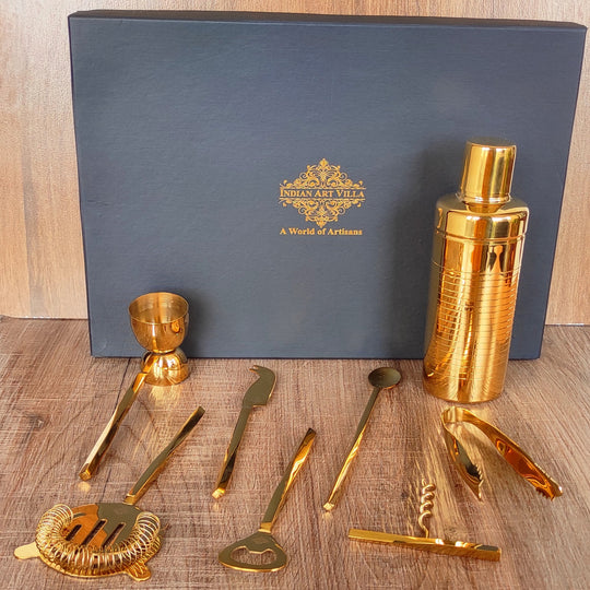 Steel gold shine finish 8 pcs bar set, front view — Indian Art Villa