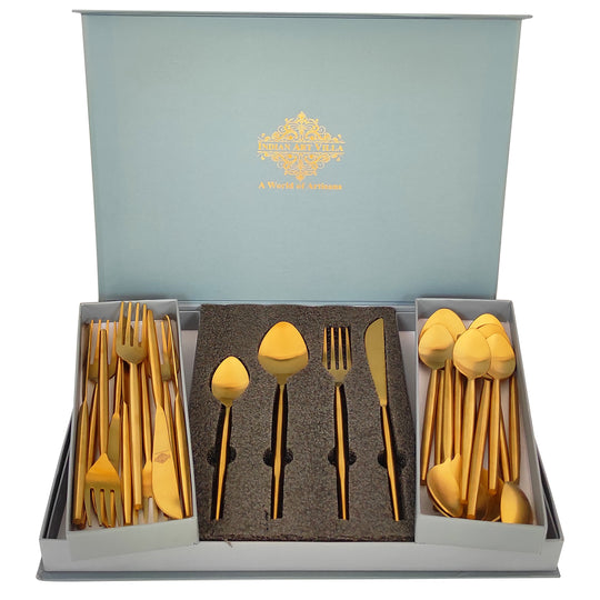 Pure Stainless Steel Gold Shine Finish Oval Cutlery Set 6x4=24 Pcs