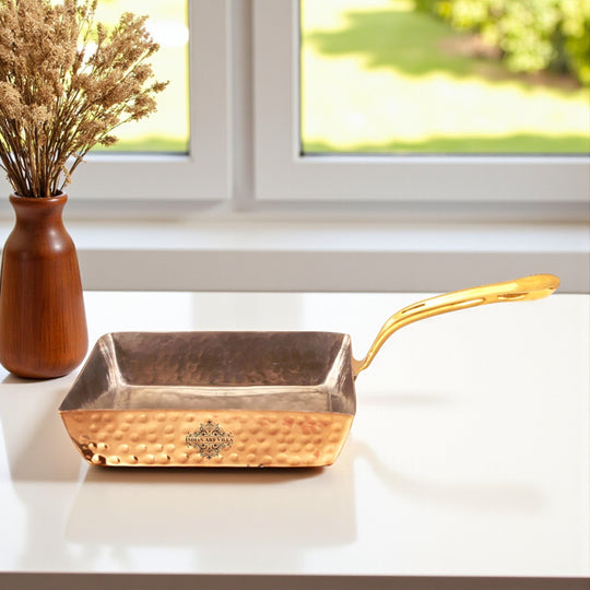 Copper hammered square tadka pan with tin lining for Indian cooking