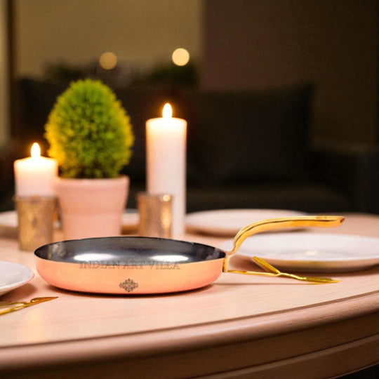 Steel copper oval pan with tin lining and brass handle for cooking
