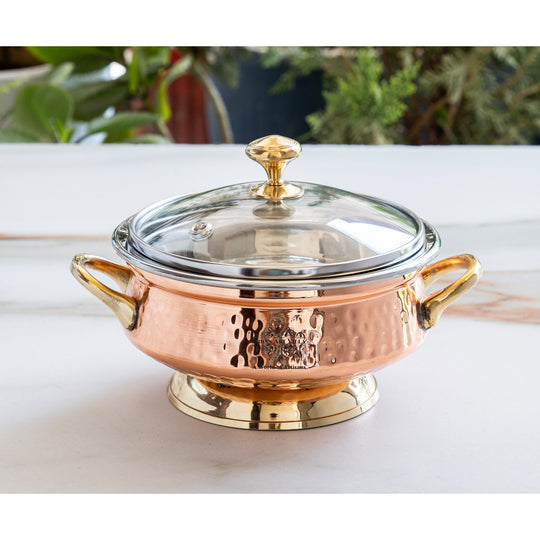 Steel Copper Serving Hammered Mughlai Handi with Brass Handle & Glass lid