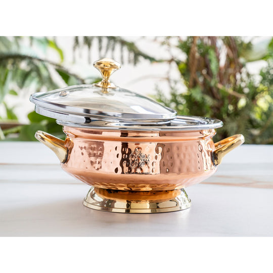Steel Copper Serving Hammered Mughlai Handi with Brass Handle & Glass lid
