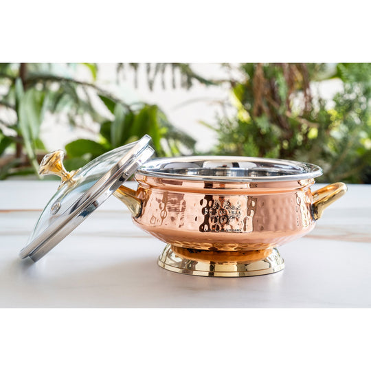 Steel Copper Serving Hammered Mughlai Handi with Brass Handle & Glass lid