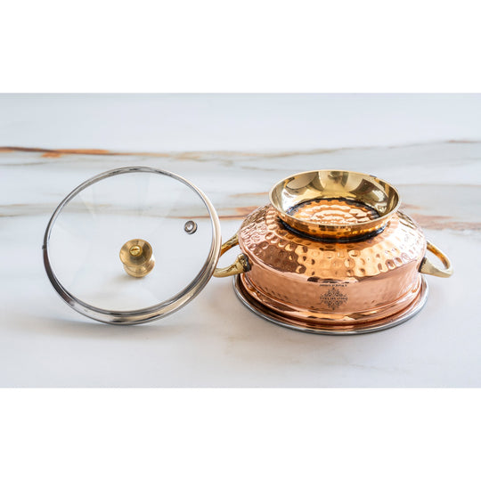 Steel Copper Serving Hammered Mughlai Handi with Brass Handle & Glass lid
