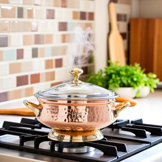 Steel Copper Serving Hammered Mughlai Handi with Brass Handle & Glass lid