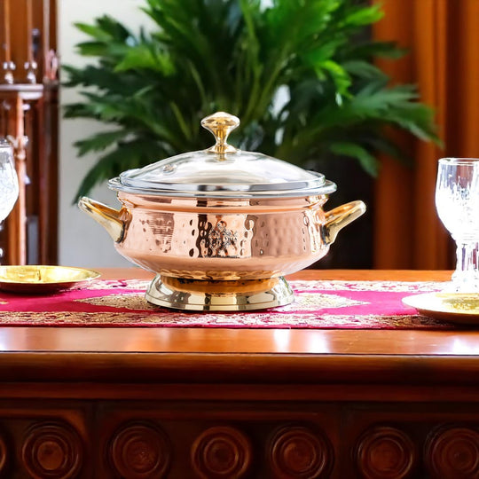 Steel Copper Serving Hammered Mughlai Handi with Brass Handle & Glass lid