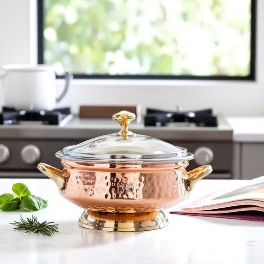 Steel Copper Serving Hammered Mughlai Handi with Brass Handle & Glass lid