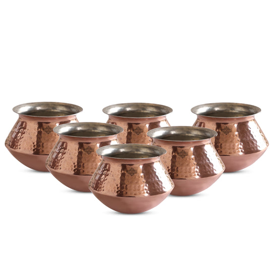Set of 6 copper handis with tin lining great for preparing and serving both vegetarian and non-vegetarian Indian dishes.