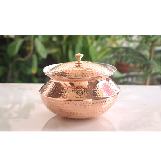 High-quality copper degchi, featuring a hammered design and brass lid, brought to you by Indian Art Villa for functional beauty.