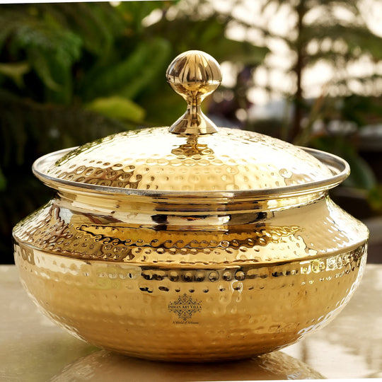 Classic Indian Art Villa brass biryani handi with polished hammered body wide open top fitted lid and smooth tin interior