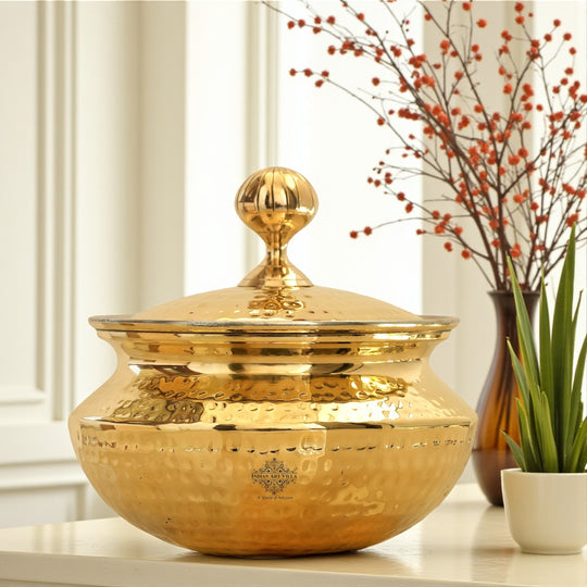 Pure brass Handi Degchi with tin lining inside and lid lifestyle — Indian Art Villa