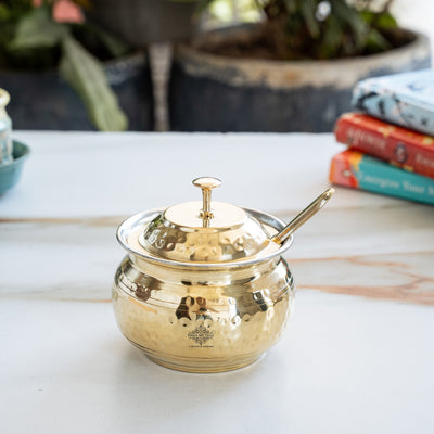 Brass Hammered Ghee/Oil Pot With Spoon, 400 ML