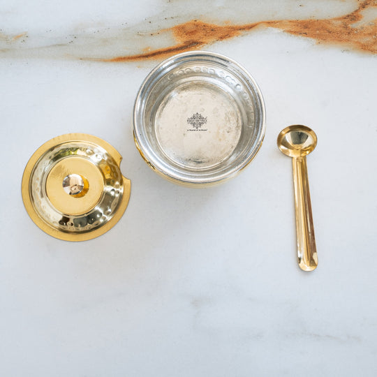 Brass Hammered Ghee/Oil Pot With Spoon, 400 ML