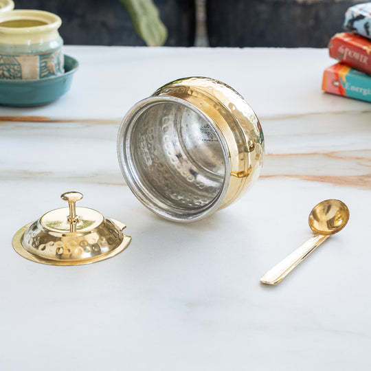 Brass Hammered Ghee/Oil Pot With Spoon, 400 ML