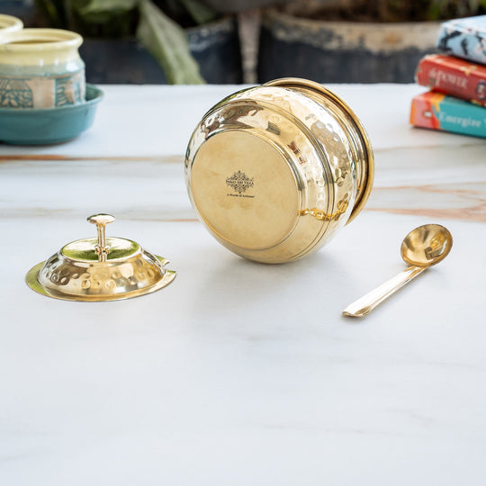 Brass Hammered Ghee/Oil Pot With Spoon, 400 ML